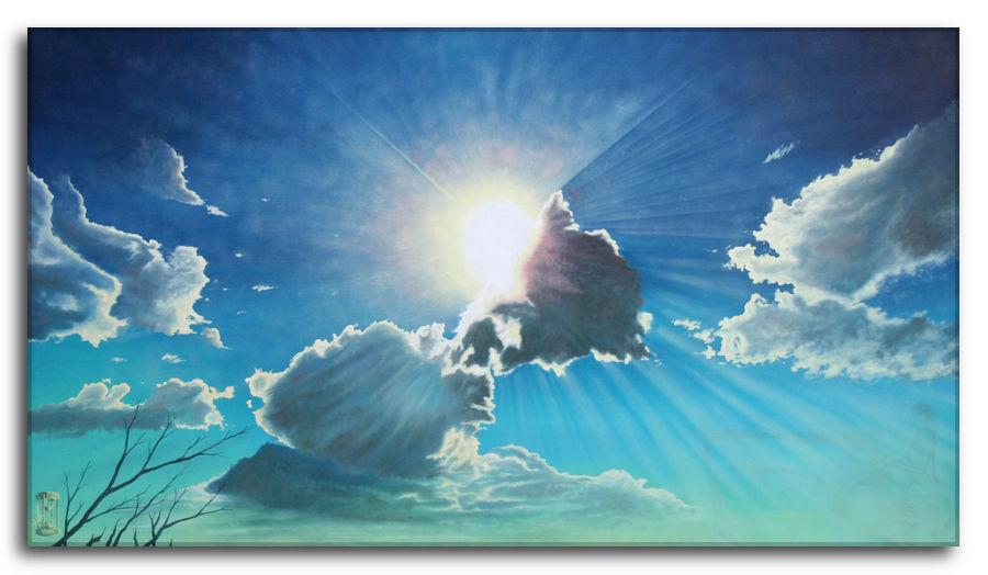 Inno alla Vita. Dipinto a olio figurativo di Silvano Poggiani raffigurante un cielo con nuvole bianche e raggi di sole che emergono da dietro.