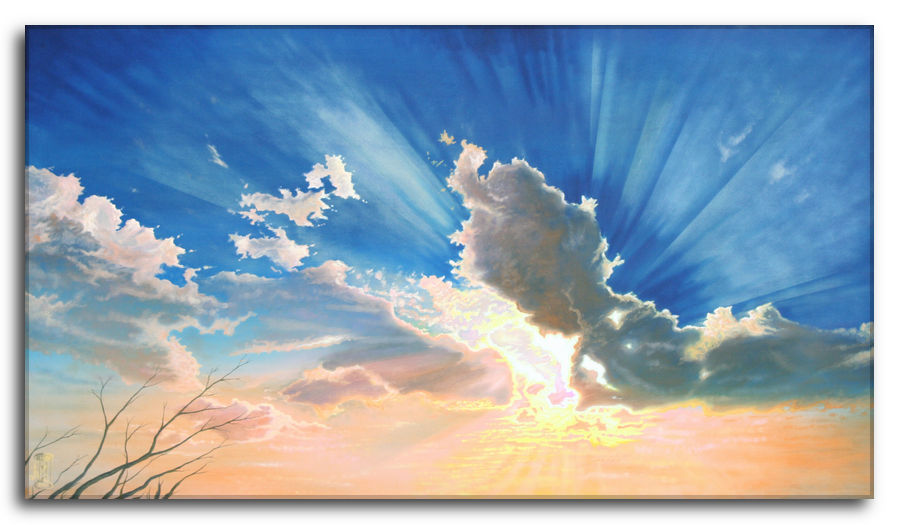 La fortezza dell'anima. Dipinto a olio figurativo di Silvano Poggiani raffigurante un cielo con nuvole e raggi di sole, rami spogli in basso a sinistra 