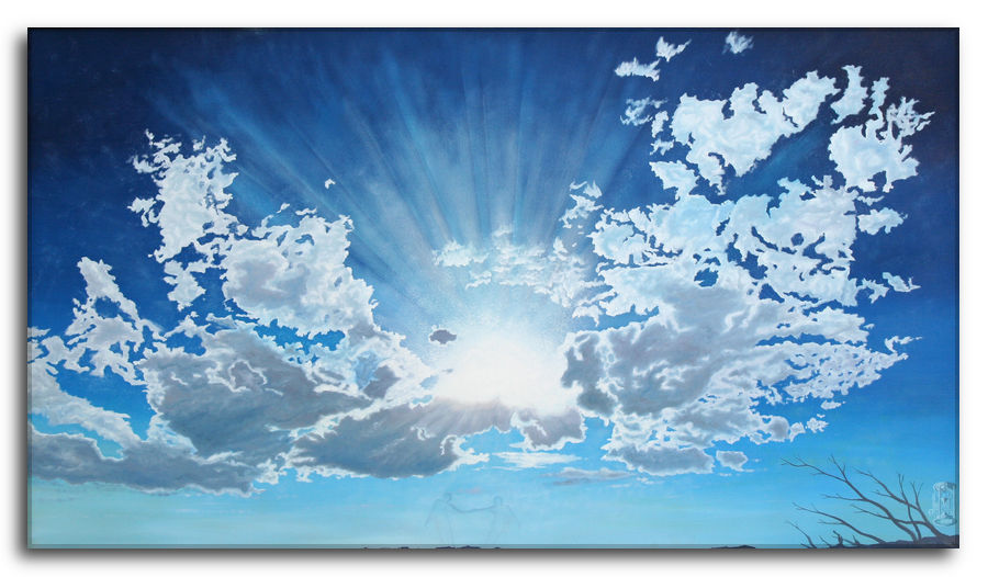 Le ali dell'amore. Dipinto a olio figurativo di Silvano Poggiani raffigurante un cielo blu con nuvole bianche e sole splendente al centro.