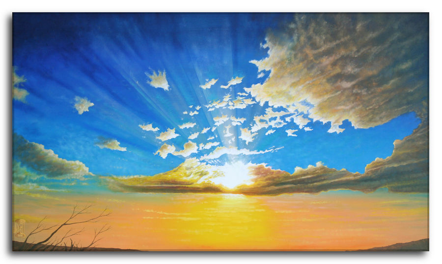 Silenzi da ascoltare. Dipinto a olio figurativo di Silvano Poggiani raffigurante un tramonto con sole nascosto dietro le nuvole, cielo blu e arancione, raggi di luce e rami secchi in basso a sinistra