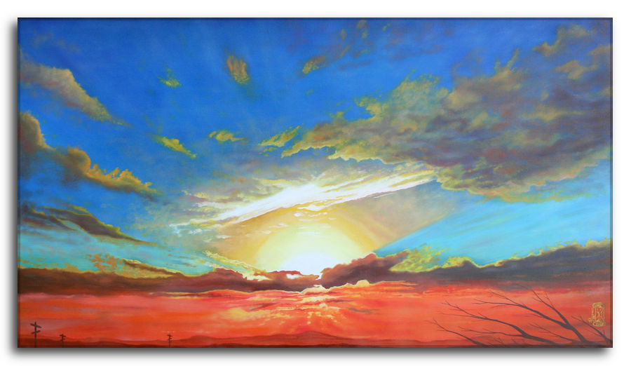 Dipinto a olio figurativo di Silvano Poggiani raffigurante un cielo al tramonto, sole con raggi luminosi, nuvole, rami secchi, titolo opera d'arte: d'un tratto rapito