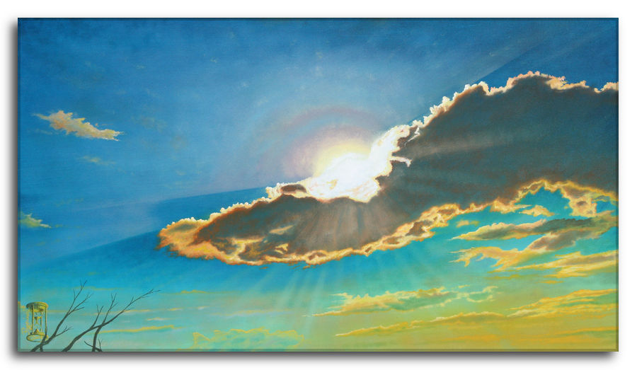 Momenti di pace. Dipinto a olio figurativo di Silvano Poggiani raffigurante un tramonto con cielo colorato e rami secchi. 