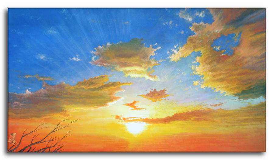 Immergersi in un sogno. Dipinto a olio figurativo di Silvano Poggiani raffigurante un tramonto con cielo colorato e nuvole, rami secchi in basso a sinistra.