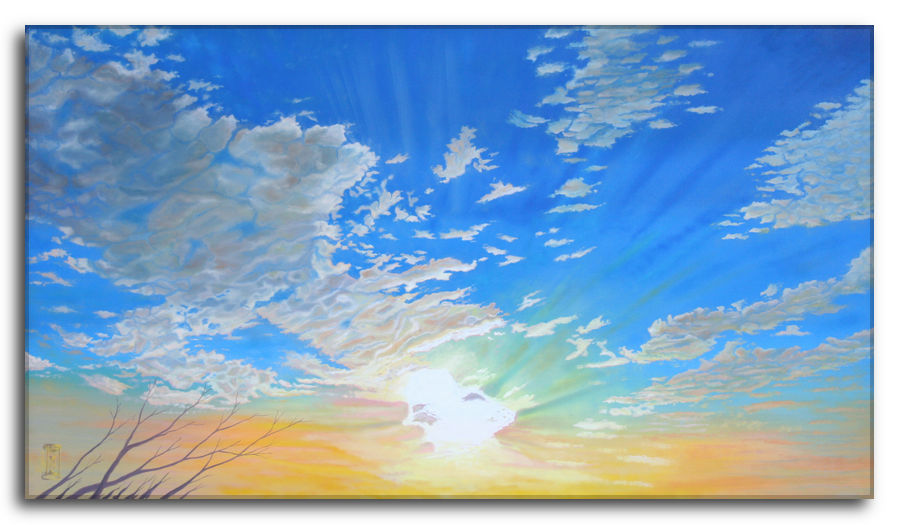 Il profumo della libertà. Dipinto a olio figurativo di Silvano Poggiani raffigurante un cielo al tramonto con nuvole e raggi di sole.