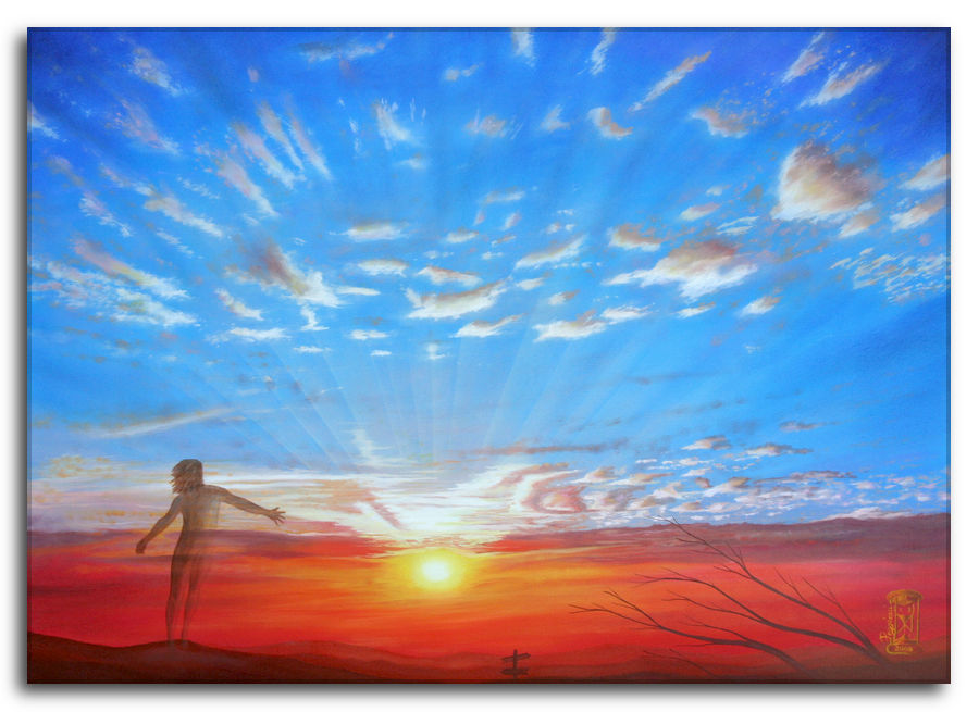 Quadro ad olio - Silvano Poggiani - Silhouette di una persona con le braccia aperte al tramonto, cielo drammatico con nuvole colorate di arancione e blu.