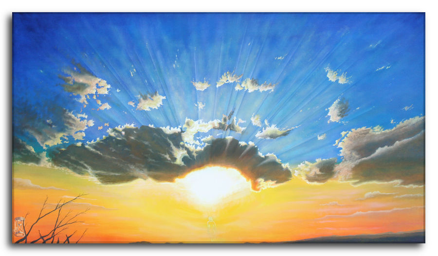 Dipinto a olio figurativo di Silvano Poggiani raffigurante un'alba radiosa con raggi che filtrano attraverso nuvole scure su un cielo azzurro intenso, orizzonte tinto di arancione e giallo, con sagome di rami secchi in primo piano. titolo opera d'arte: oltre i confini