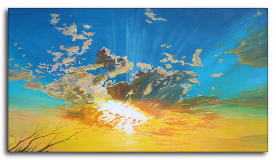Dipinto a olio figurativo di Silvano Poggiani raffigurante un tramonto maestoso con cielo blu brillante e nuvole dai toni dorati e marroni, raggi solari che si irradiano dal sole nascosto, e silhouette di rami secchi nell'angolo inferiore. 