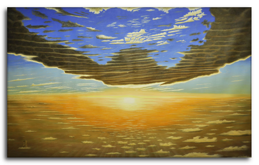 Sulle ali dell'infinito. Dipinto a olio figurativo di Silvano Poggiani raffigurante un tramonto drammatico con grandi nuvole scure che si stagliano contro un cielo blu e arancione.