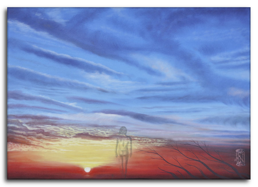 I diritti del corpo. Dipinto a olio figurativo di Silvano Poggiani raffigurante un paesaggio al tramonto con silhouette trasparente di una figura solitaria e rami spogli contro un cielo dai colori intensi blu e arancioni.