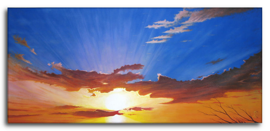 Il dono d'un sorriso. Dipinto a olio figurativo di Silvano Poggiani raffigurante un drammatico tramonto panoramico con raggi solari che attraversano nuvole rossastre su uno sfondo di cielo blu intenso