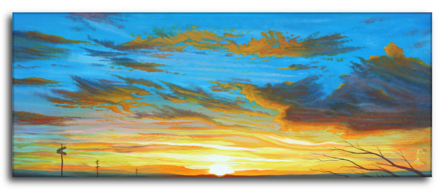 Quadro ad olio su tela. Assenza di limiti: Panorama al tramonto con pali elettrici in silhouette e cielo variopinto di blu e arancio con nuvole spettacolari.