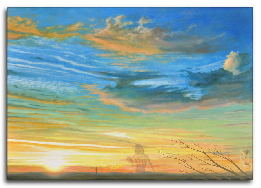 Quadro ad olio: Amare di Mattina di Silvano Poggiani. Dipinto di un tramonto con cielo dai colori vibranti in sfumature di blu, arancione e giallo, con silhouette di rami spogli e una figura trasparente sullo sfondo. 