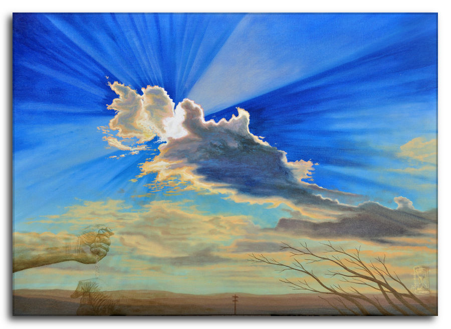 Questione di tempo. Dipinto a olio figurativo di Silvano Poggiani raffigurante un paesaggio al tramonto con raggi solari che filtrano attraverso le nuvole in un cielo blu brillante, con alberi spogli che si piegano al vento in primo piano.