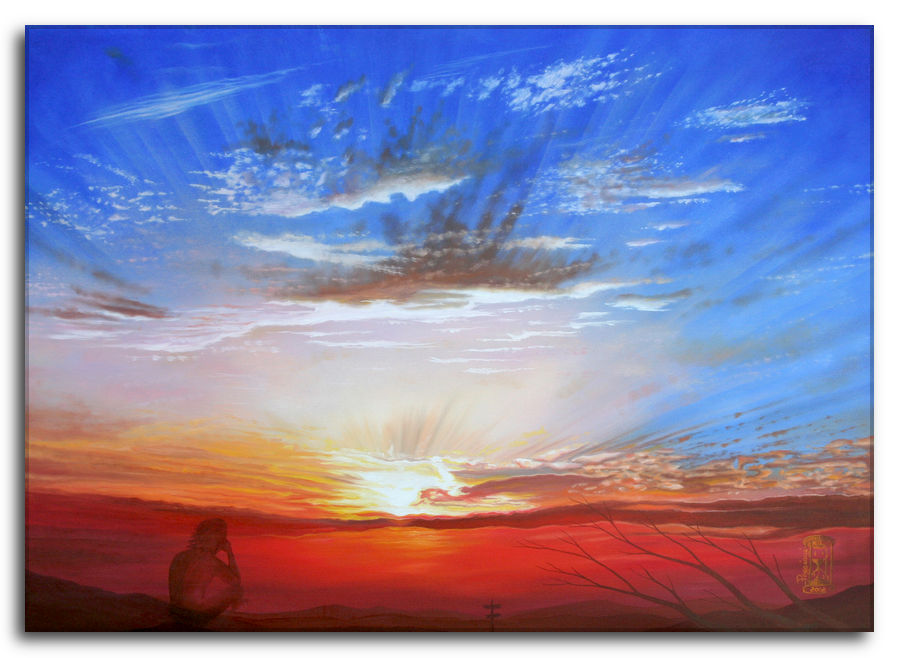 Emozioni per riflettere - Quadro ad olio su tela di Silvano Poggiani. Tramonto drammatico con silhouette di una persona seduta che contempla il cielo infuocato con nuvole colorate in sfumature di blu, arancione e rosso.