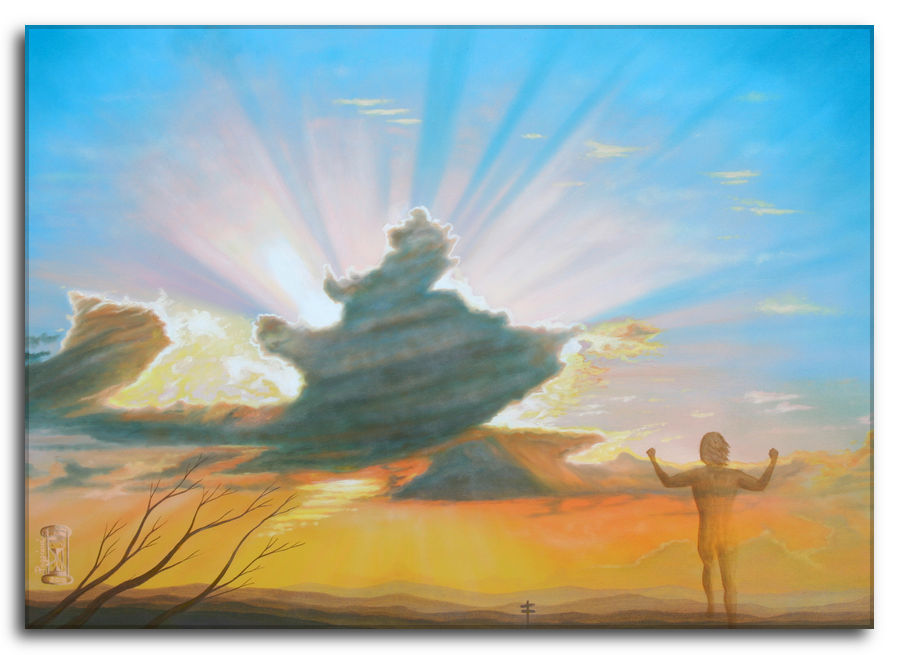 Dipinto a olio figurativo di Silvano Poggiani raffigurante una figura in silhouette con braccia alzate verso un drammatico tramonto con raggi di sole che filtrano attraverso le nuvole e un albero spoglio in primo piano