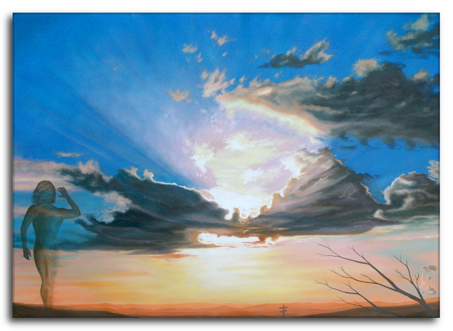 Dipinto ad olio figurativo di Silvano Poggiani raffigurante un tramonto drammatico con nuvole illuminate e una figura trasparente che guarda verso il cielo. In primo piano un albero spoglio e un segnale indicatore all'orizzonte.