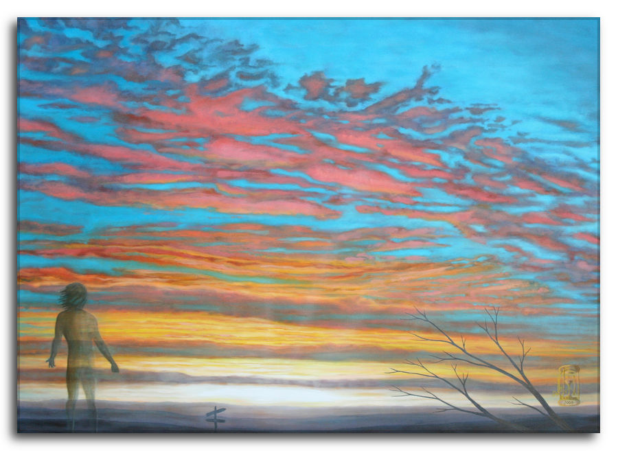 Sconfinati piaceri. Dipinto a olio figurativo di Silvano Poggiani raffigurante una silhouette di una persona che osserva un tramonto con cielo drammatico dai colori vivaci in sfumature di arancione, rosa e azzurro. In primo piano un albero spoglio e un piccolo cartello indicatore.