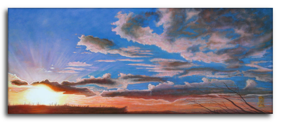 Emozione Condivisa - Quadro ad olio. Tramonto panoramico con nuvole rosate e raggi solari che attraversano il cielo. Emozione condivisa: Panorama di un tramonto con raggi solari che filtrano tra nuvole rosa e grigie su un cielo blu intenso, con vegetazione in silhouette all'orizzonte.