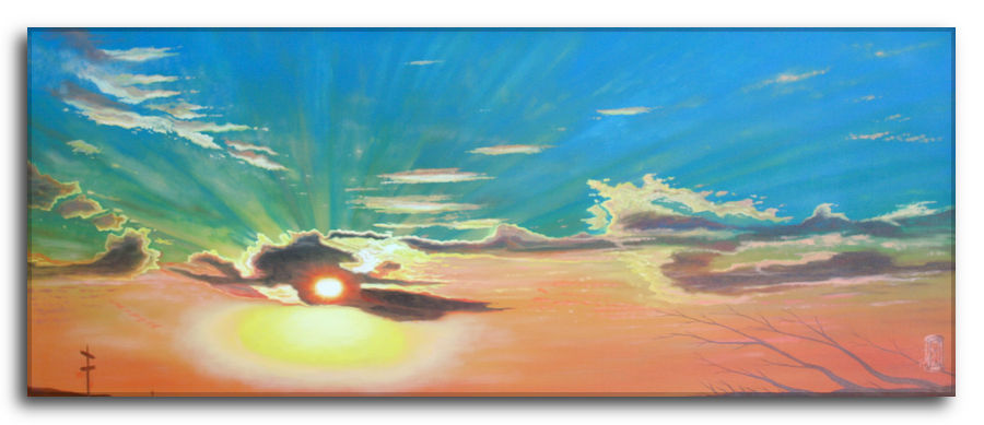 Quadro ad olio. Oltre le Distanze: Tramonto spettacolare con raggi solari e cielo cangiante. Quadro ad olio. Oltre le distanze: Panorama di un tramonto con raggi solari che si irradiano da un sole arancione, cielo turchese brillante e nuvole dorate, con un palo elettrico in silhouette.