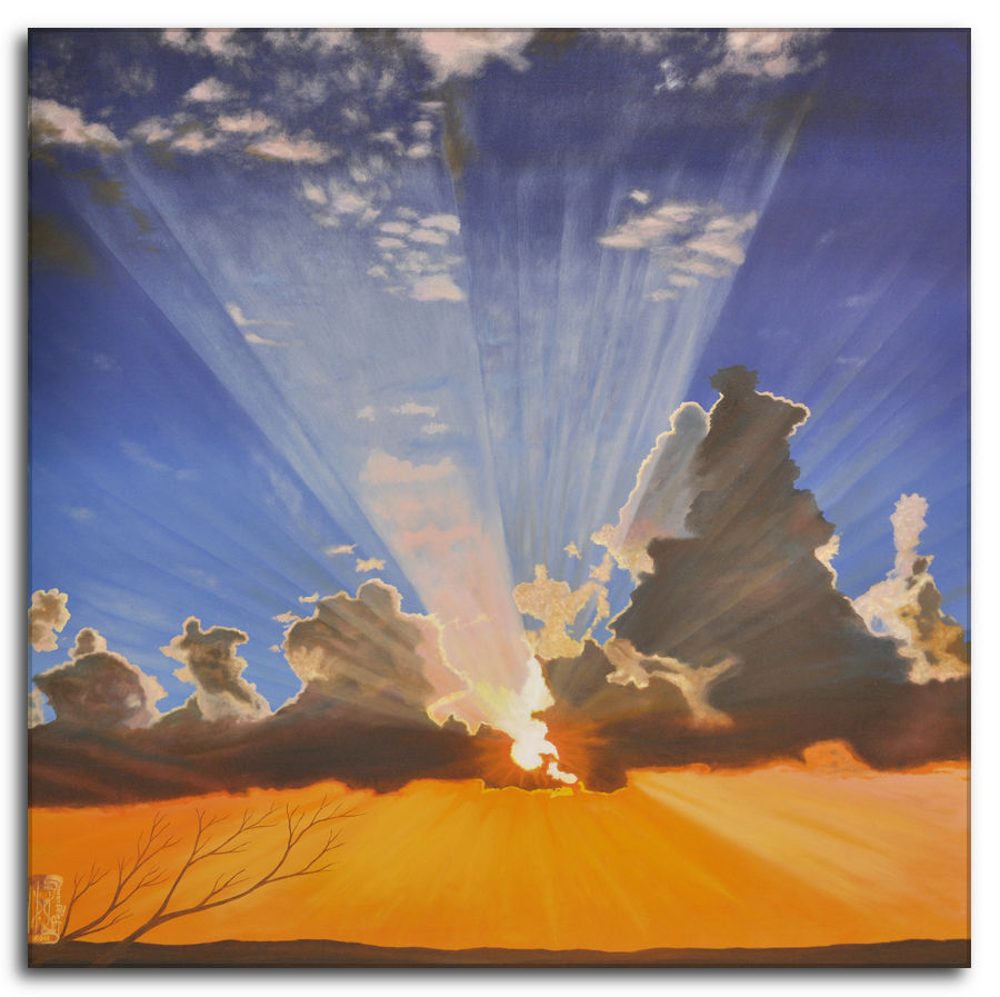Quadro ad olio. Il mistero che anima la natura -Dipinto di un tramonto con nuvole drammatiche e raggi di luce. Il mistero che anima la natura - Cielo dipinto ad olio su tela, raffigura un tramonto drammatico con colori vivaci arancione e blu. Il sole è parzialmente oscurato da nuvole scure, creando raggi di luce che si diffondono nel cielo. Rami scuri sono visibili in primo piano.