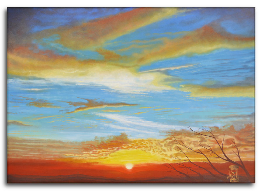 Quadro ad olio su tela. Seducente Conclusione: Tramonto dalle mille sfumature. Seducente conclusione: Dipinto di un tramonto con cielo multicolore. Le nuvole sono dipinte in sfumature di blu, giallo e arancione. Il sole è basso sull'orizzonte rosso e si vedono alcuni rami spogli di un albero in silhouette sulla destra.