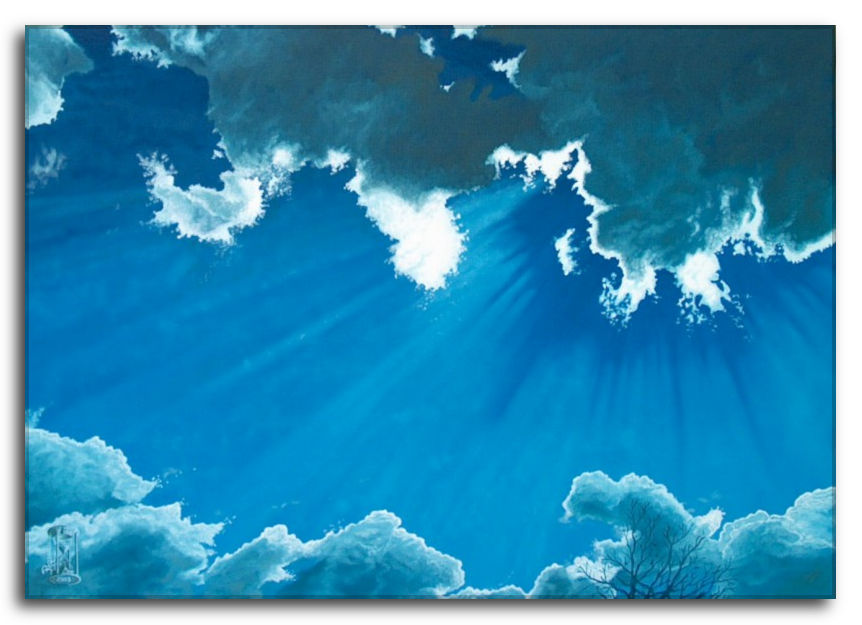Quadro ad olio su tela. Rasserenarsi l'animo - Raggi di sole in un cielo cristallino. Rasserenare l'animo: Dipinto di un cielo blu intenso con nuvole bianche luminose. I raggi solari filtrano tra le nuvole creando fasci di luce. In basso a destra si intravede la silhouette di un albero spoglio. L'intera composizione è dominata da diverse tonalità di azzurro.