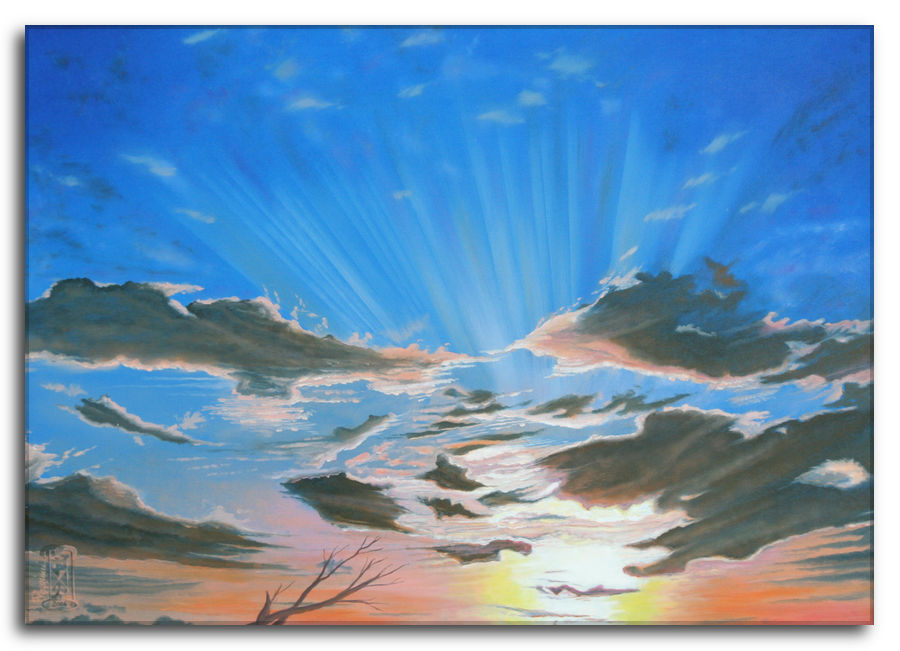 Quadro ad olio su tela: Nascente Verità - Raggi celesti all'alba. Nascente Verità - quadro ad olio su tela. Dipinto di un cielo drammatico all'alba. Raggi di luce blu si irradiano dall'alto, mentre nuvole scure si stagliano contro un orizzonte arancione e giallo. In basso si vede la silhouette di un ramo spoglio. I colori variano dal blu intenso in alto alle sfumature calde del tramonto in basso.