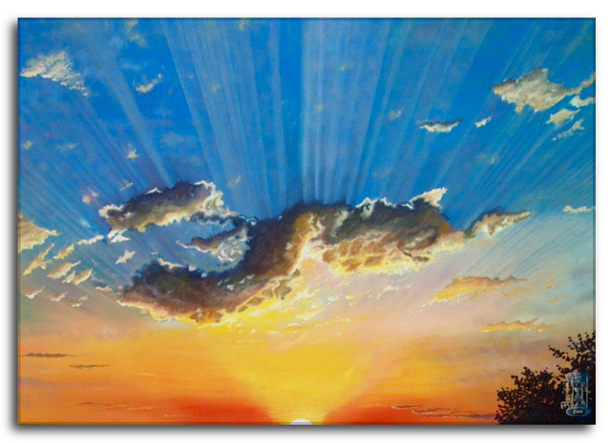 Quadro Una carezza nell'anima - Esplosione di luce al tramonto. Quadro: Una Carezza nell'Anima - Dipinto di un tramonto spettacolare. Il sole si nasconde dietro l'orizzonte in un cielo arancione e rosso. Dall'alto, raggi di luce blu si irradiano attraverso nuvole scure bordate d'oro. In basso a destra si intravede la silhouette di un albero. I colori variano dal blu intenso in alto all'arancio e rosso del tramonto in basso.