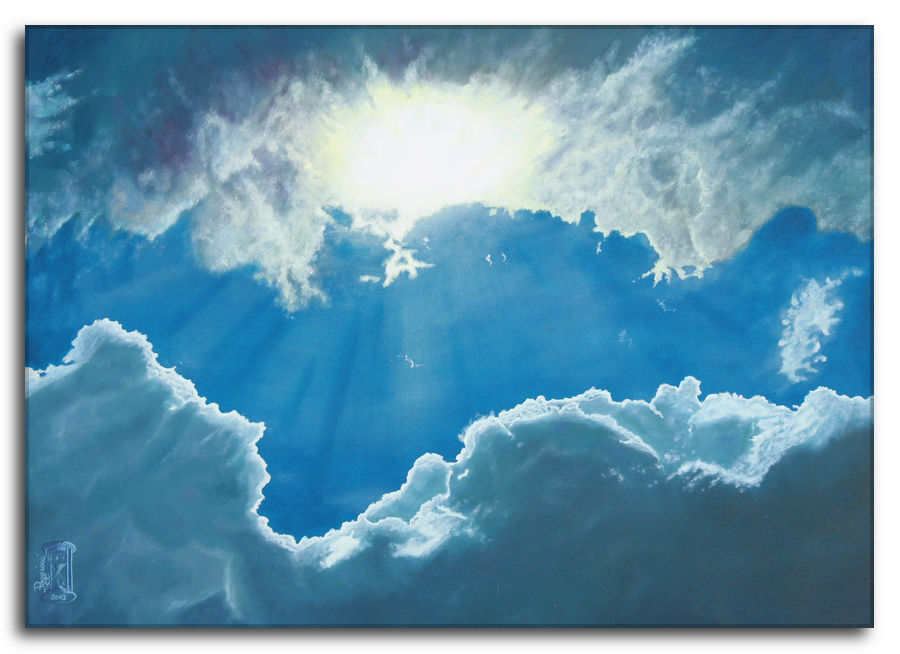 Quadro ad olio: Mostrarsi compiaciuto. Quadro moderno di un cielo nuvoloso con luce solare tra le nuvole. Mostrarsi compiaciuto: Quadro moderno raffigurante un cielo con nuvole illuminate dal sole e raggi di luce che filtrano tra le nubi