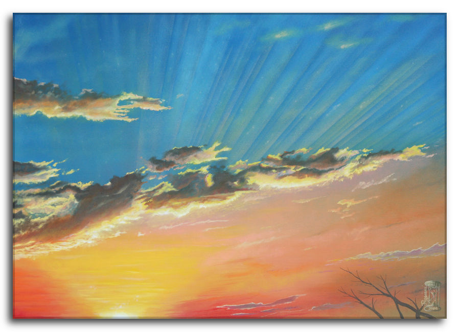 Quadro a olio su tela. Caldo Desiderio: I colori variano dal blu intenso in alto all'arancio e rosso del'alba in basso. Quadro Caldo Desiderio: Il sole si nasconde dietro l'orizzonte in un cielo arancione e rosso. Dall'alto, raggi di luce blu si irradiano attraverso nuvole scure bordate d'oro..