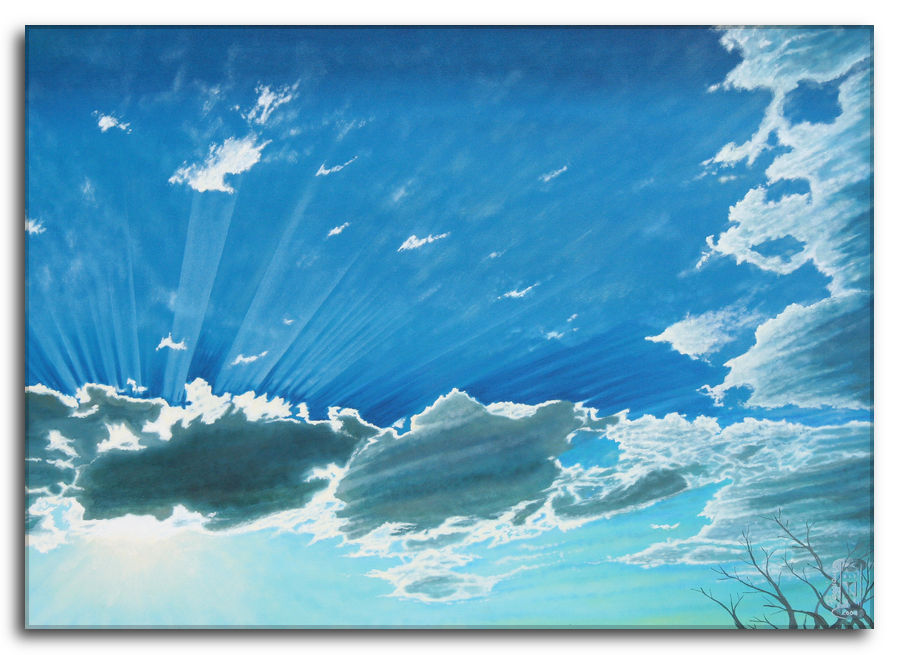 Quadro a olio su tela. Attimi da ammirare: Raggi di sole in un cielo azzurro. Attimi da ammirare: Dipinto di un cielo con nuvole scure da cui filtrano potenti raggi di sole.