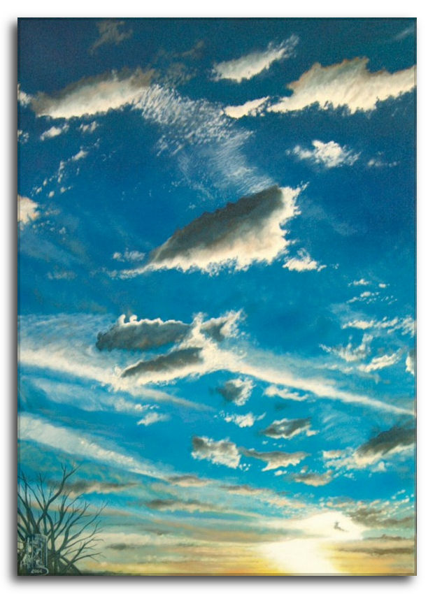 Dimensione contemplativa: Dipinto ad olio. Cielo azzurro profondo con nuvole illuminate dal sole. Dimensione contemplativa: Dipinto di un cielo azzurro con nuvole scure sfumate di luce bianca e rami secchi.