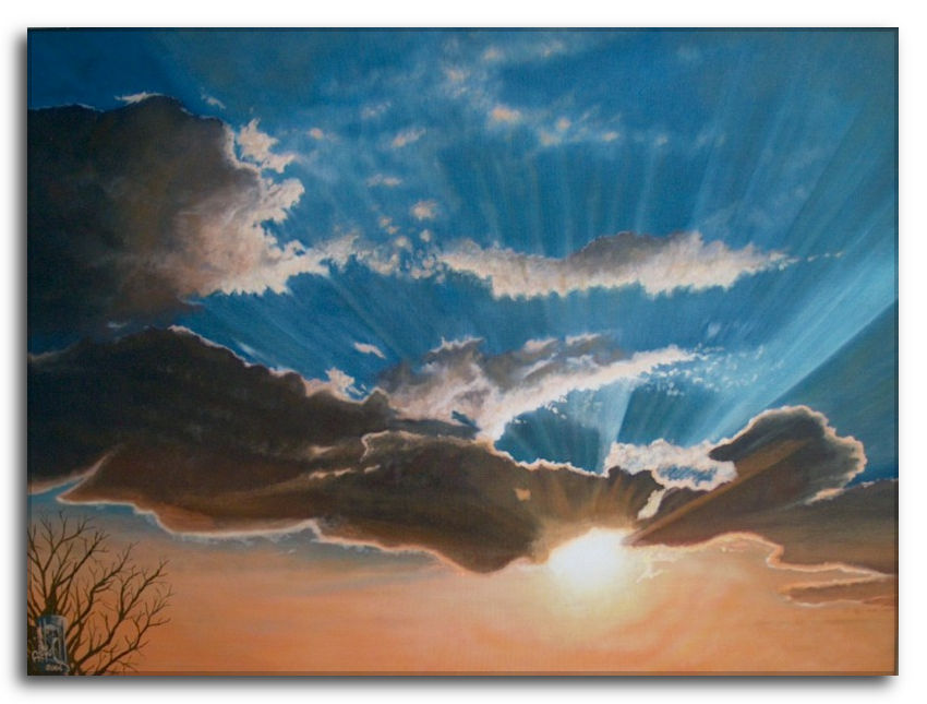 Fervente Ammirazione: Tramonto Olio su Tela. Cielo drammatico con sole luminoso che filtra dalle nuvole scure. Tramonto Fervente Ammirazione: dipinto ad olio che celebra la bellezza e la forza della natura, raffigurando un tramonto drammatico con colori vivaci arancione e blu.