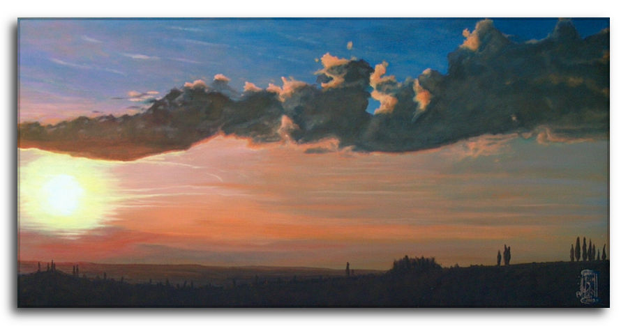 Quadro: Sulla Strada del Tramonto - Un cielo tinto di sfumature calde con colline e cipressi all'orizzonte. Quadro ad olio su tela: Sulla strada del tramonto - cielo al tramonto con nuvole scure bordate di arancione e sole dorato.