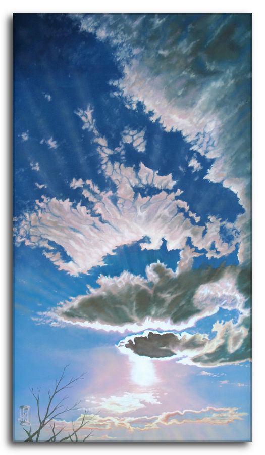 Sussurri di quiete: quadro ad olio cattura pace con colori rasserenanti, nuvole soffici e luce solare. Sussurri di Quiete - Olio su tela. Le nuvole, morbide e vaporose, sembrano accarezzare l'orizzonte, sussurrando promesse di serenità.