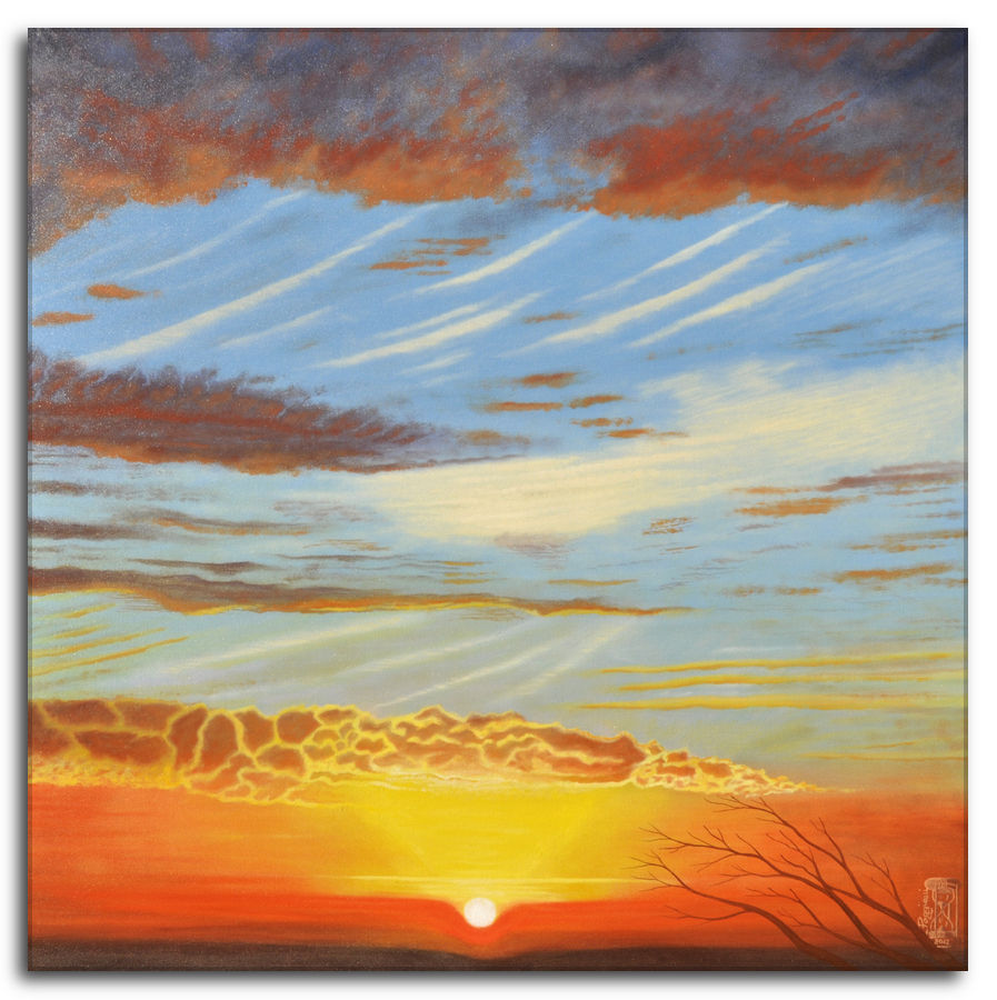 Innamorarsi ogni volta - Quadro ad olio. Tramonto dai toni accesi, con rami al vento. Innamorarsi ogni volta. Dipinto di un tramonto con cielo striato in sfumature di arancione, giallo e blu. In primo piano la silhouette di alcuni rami spogli contro il sole calante
