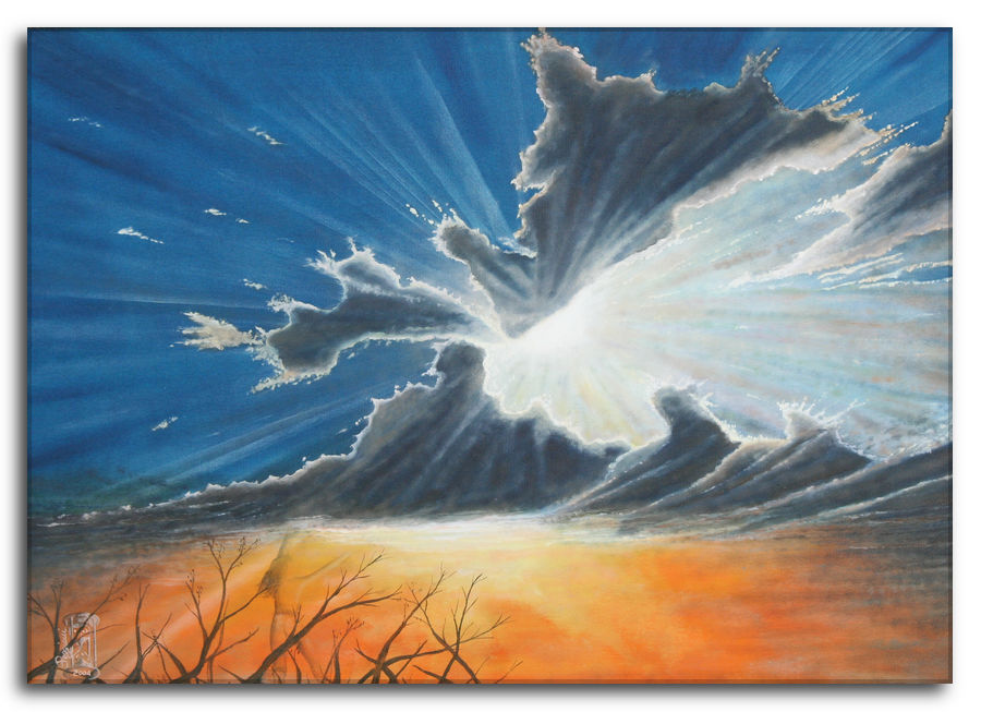 Quadro ad olio. Rilucente passione - Ardore scintillante di raggi di sole dietro le novole scure. Quadro ad olio. Rilucente passione - Ardore scintillante di raggi di sole dietro le novole scure, con rami secchi e figura umana trasparente.